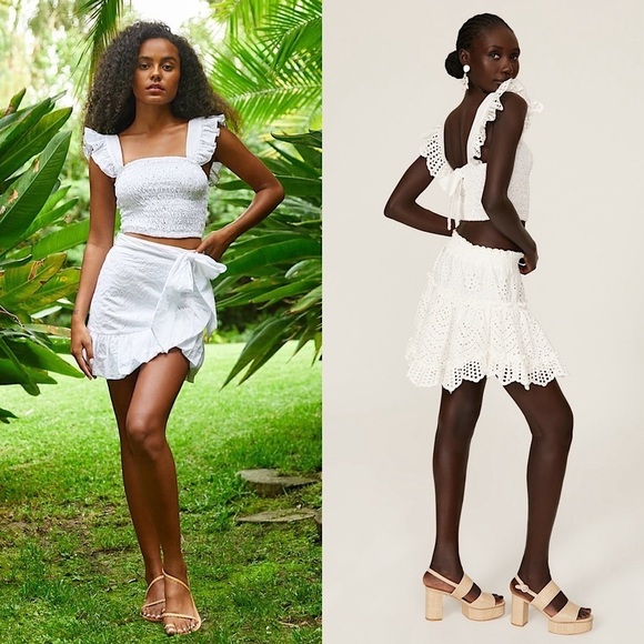 MISA LOS ANGELES Eyelet Flutter Strap Tie Back Square Neck Smocked Crop Top S - Picture 1 of 16